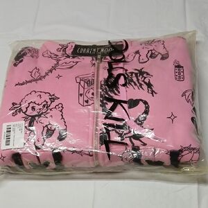 Dolls Kill Current Mood Pink & Black Tattoo Print Bunny Ear Jacket w/ Lacing XL